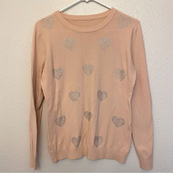 Vila Milano Long Sleeve Sweater pink Rhinestone Hearts wool nylon blend S/M - Picture 1 of 6